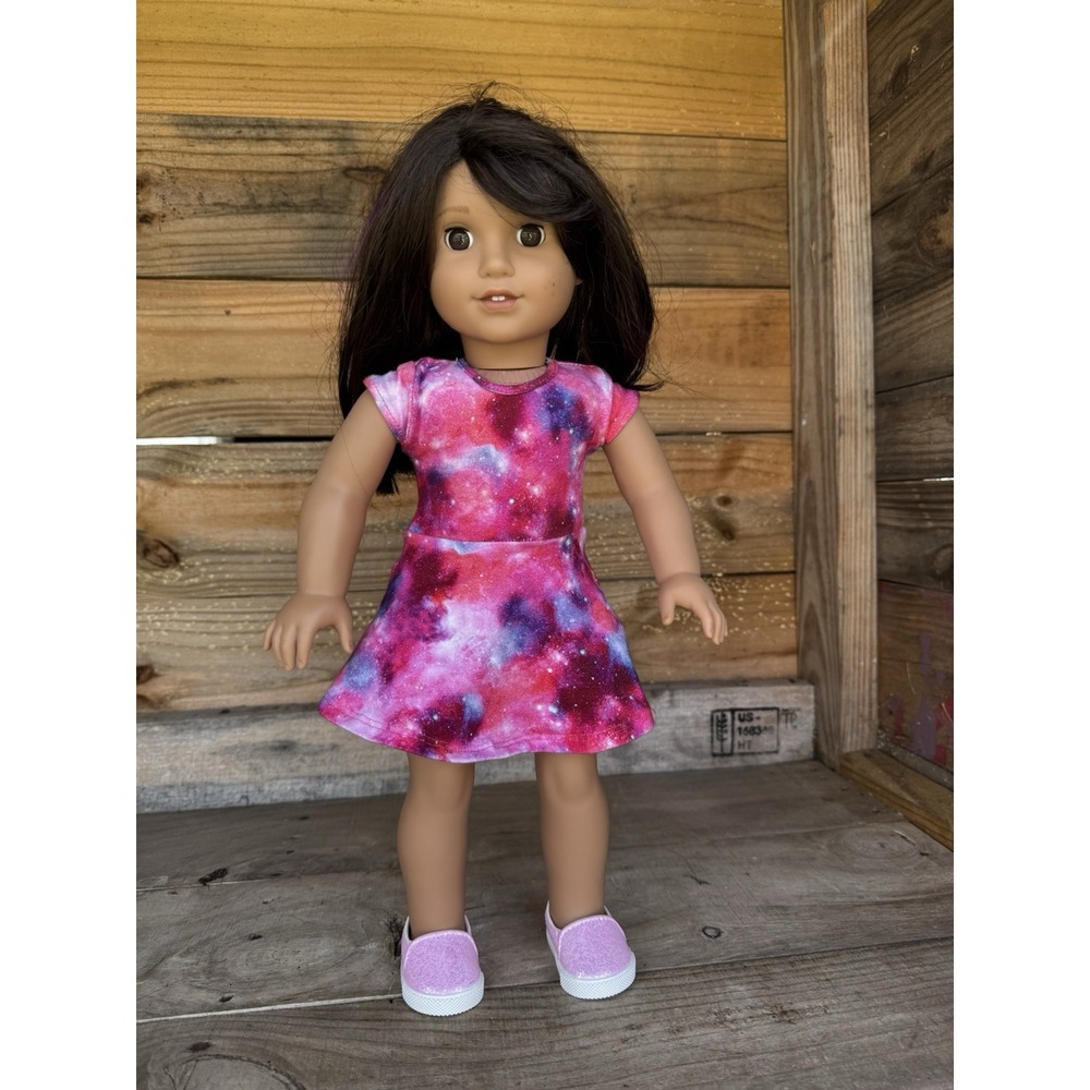 American Girl Doll- Dark Hair Purple Streak-Brown Eyes- Galaxy Dress Pink Shoes